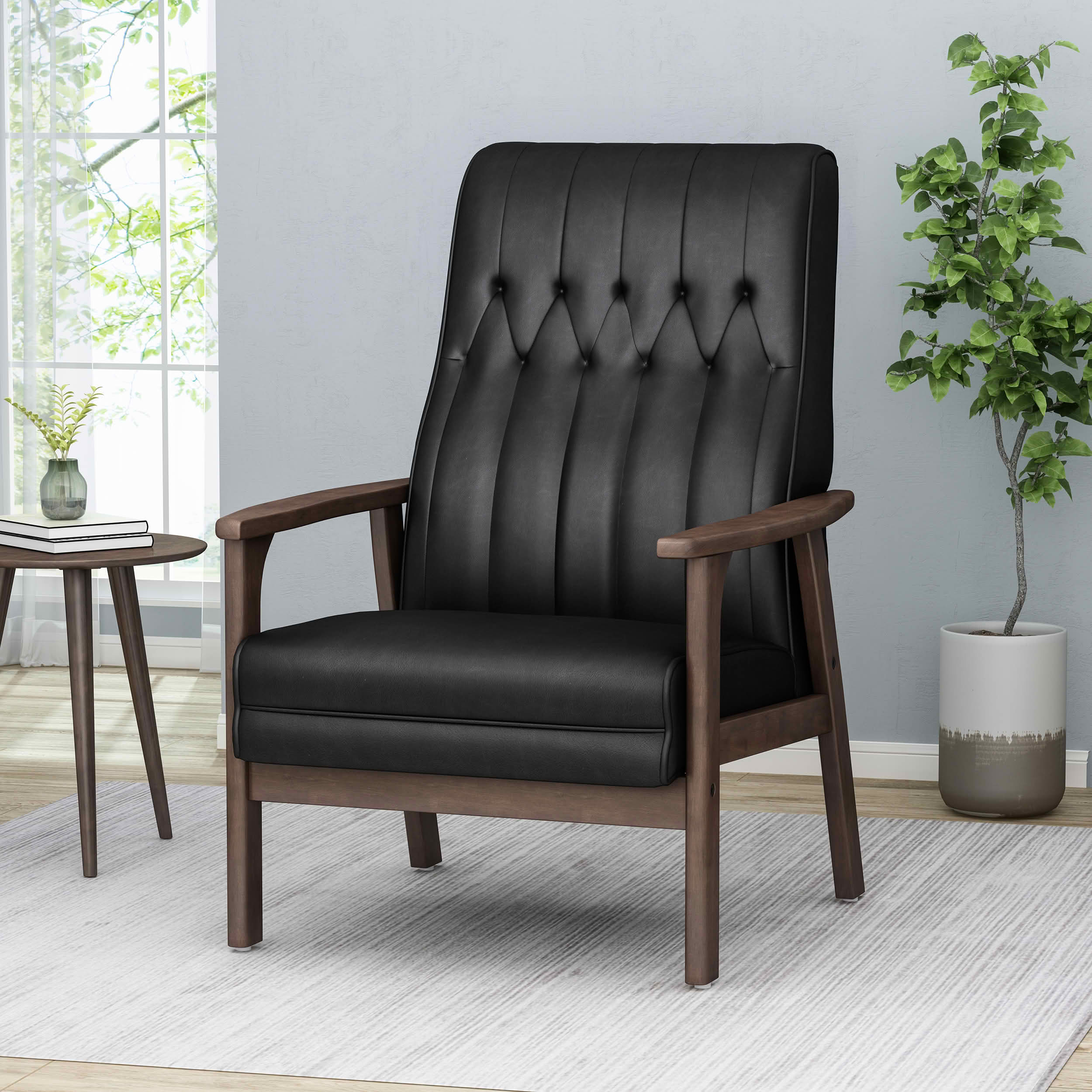 MAYEERTY Mid Century Modern Accent Chair, Matte Black Faux Leather Upholstered, for Living Room & Bedroom