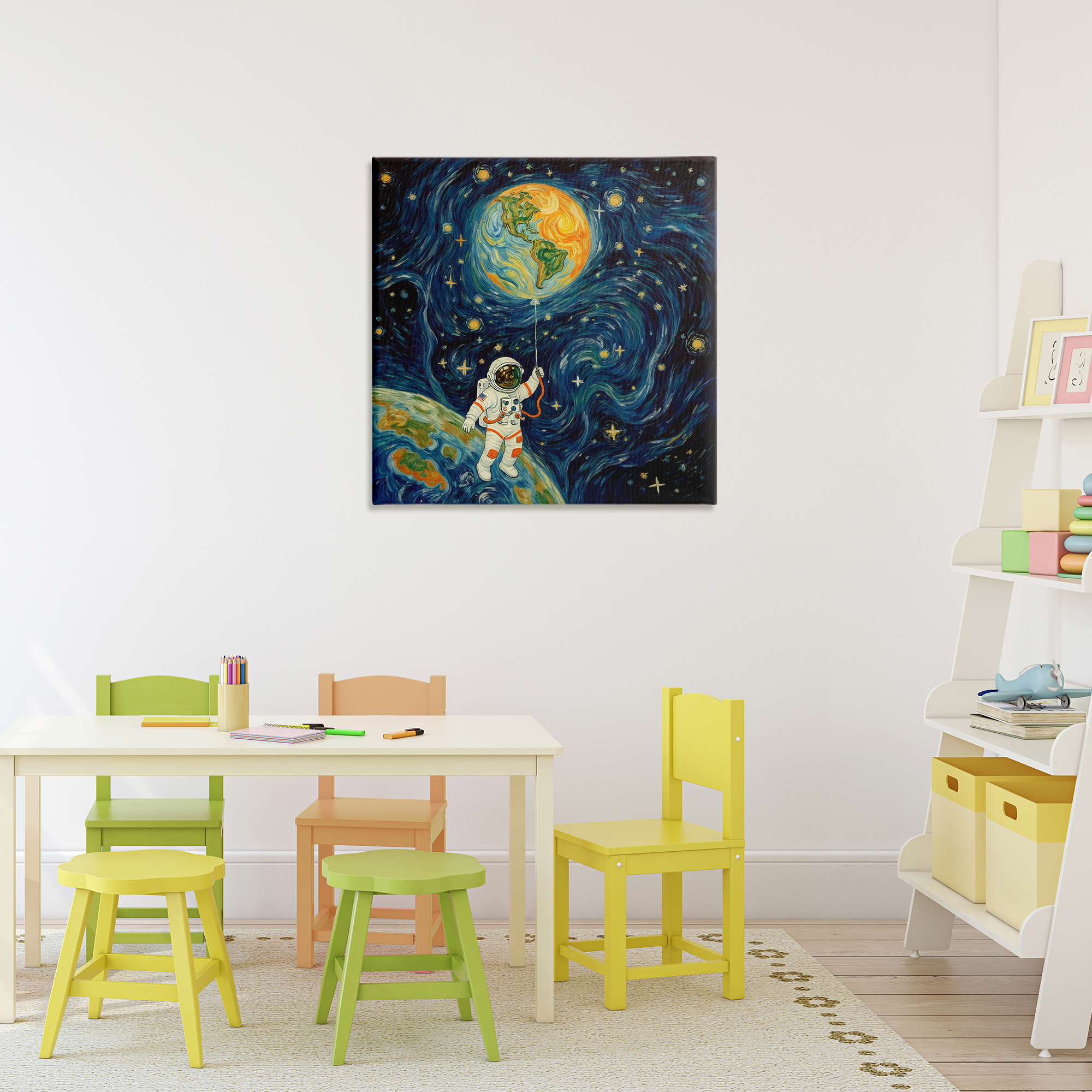 Astronaut with Earth Balloon Canvas Wall Art, design by Angie Hawke