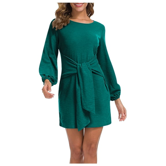 Women's Casual Dress, Long Sleeve Slim Fit Mid Calf Dress, Soft Stretch Knit Round Neck Dress for Everyday Wear