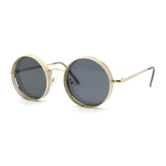 Round Circle Lens Dimensional Binocular Rim Metal Frame Hustler Sunglasses Gold - Black