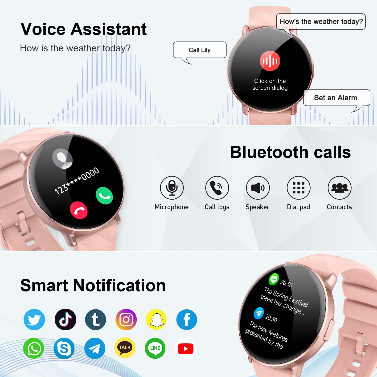 Smart Watch for Women Android iphone, 1.39" Touchsreen Fitness Tracker with AI Q&A, Bluetooth Calls, 110+ Sport Modes, IPX8 Waterproof, Gift Idea, Pink