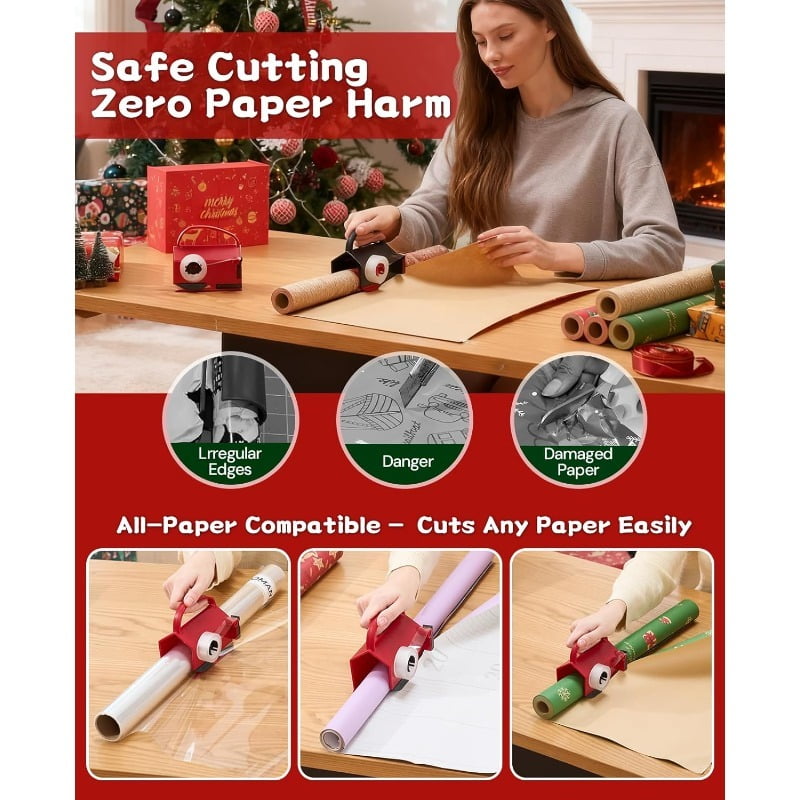 2 Pack Wrapping Paper Cutter & Tape Dispenser Dual Use, Gift Wrap Cutter Tool for Rolls Paper with 4 Tapes for Christmas Birthday Paper Trimmers