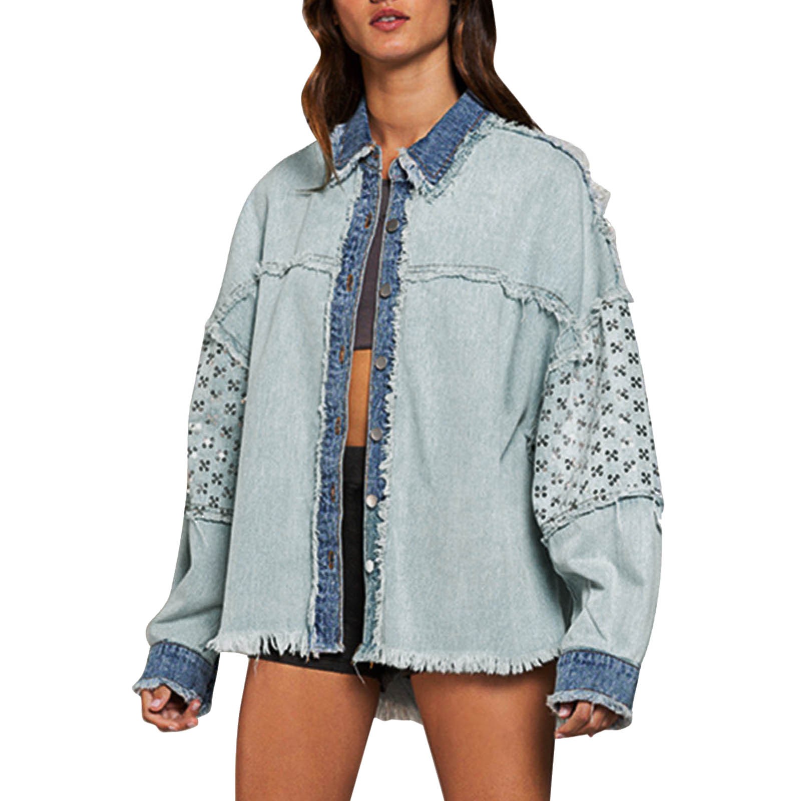 Lightweight Casual Jacket Women plus Size Womens Outdoor Vest Women's Basic Button Down Fitted Long Sleeves Denim Jean Jacket Womens Insulated Hunting Jacket - image 3 of 9