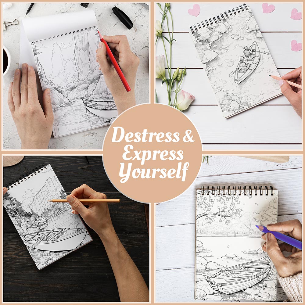 Kayaking and Canoeing Coloring Book Spiral Bound for Adults, A5 Wooden Cover, 30 Coloring Pages of Serene Water Scenes, Adventure Landscapes, Paddle Designs for Stress Relief and Relaxation