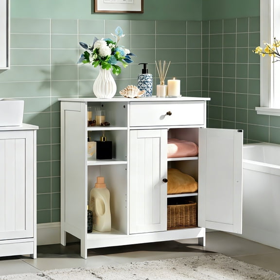 Zimtown Wooden 2-Door Bathroom Cabinet Storage Organizer with 2 Shelves& 1 Drawer & Three-layer Side Rack, White