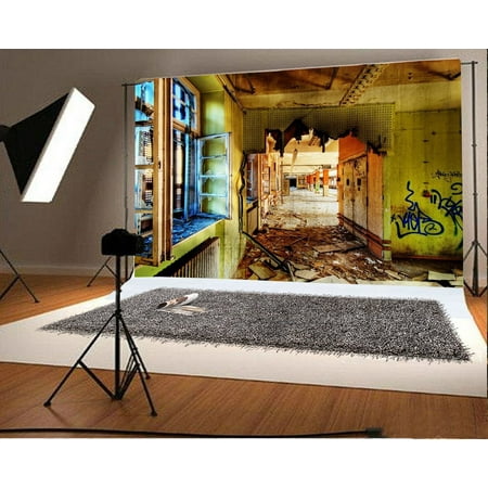 Image of MOHome Abandoned House Backdrop 7x5ft Photography Background Shabby Window Cracked Glass Graffiti Wall Littery Ground Photos Video Studio Props