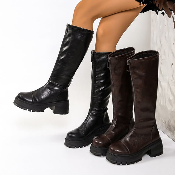 Nmnitkp Boots for Women Fashionable Casual Winter Boots Solid Color Round Toe Front Zipper Thick Heel Low Heel Knee-High Boots Black,36