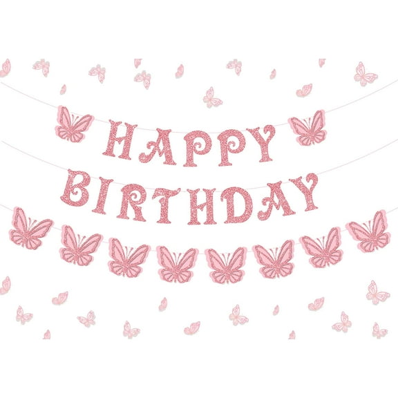 BALLOON TREE Butterfly Birthday Banner for Girls Butterfly Birthday Decorations - Pink Glitter Butterfly Garland Banner Fairy Garden Floral Party Supplies for Women Butterfly Party