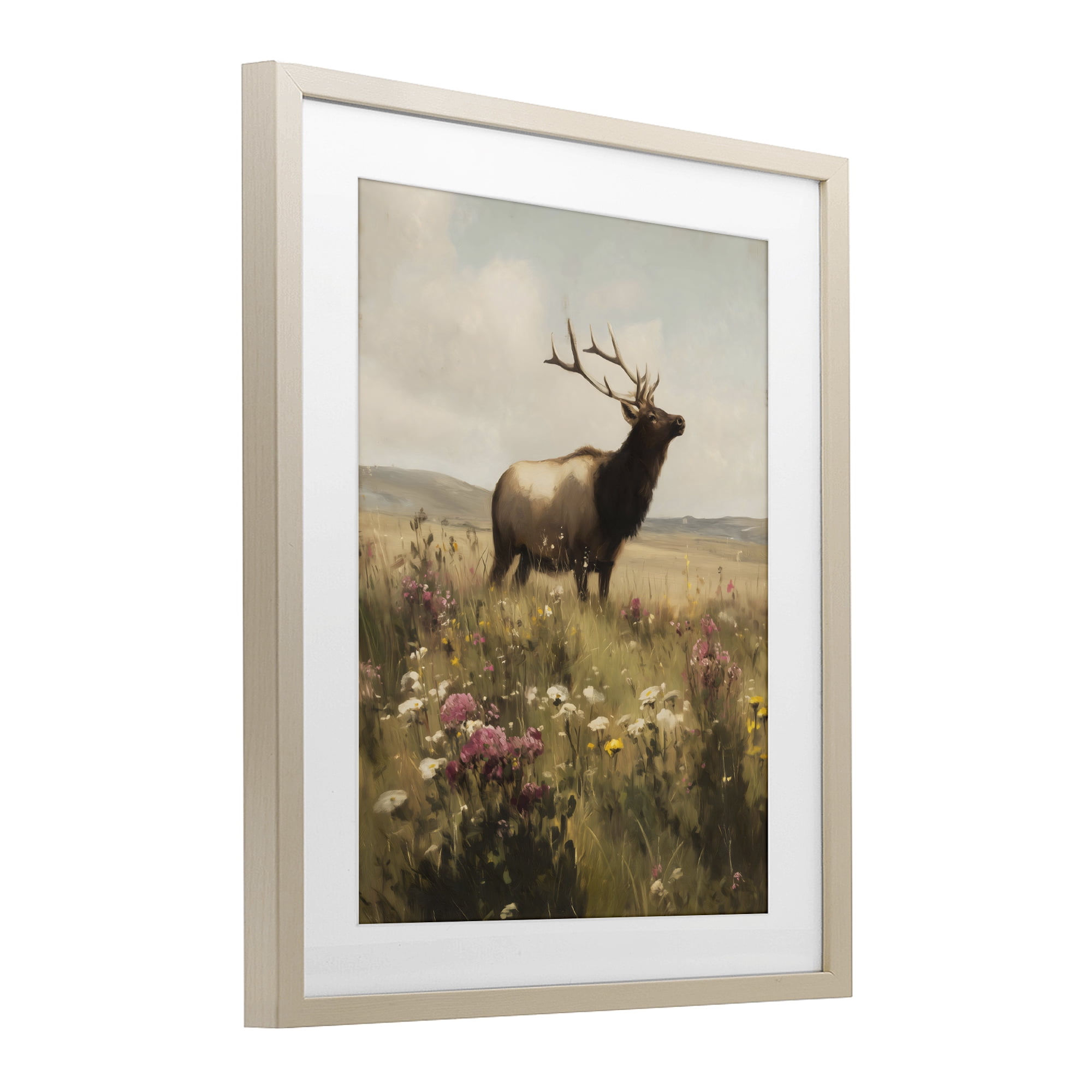 Stupell Industries Elk in the Wildflower Meadow Birch Framed Print Under Glass, design by Arlington Prints