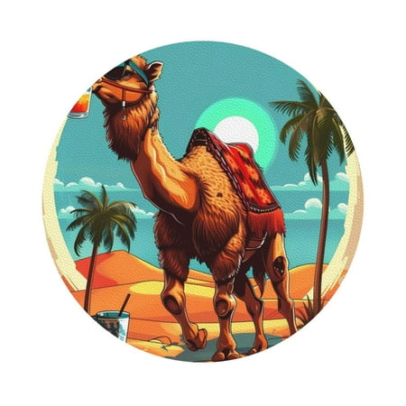 

Pofeuu Cool Camel Oasis Vibes Print Leather Coasters Set of 6 Round Cups Mugs Mat Pad for Home Kitchen Heat Resistant Drink Coasters Round Shape