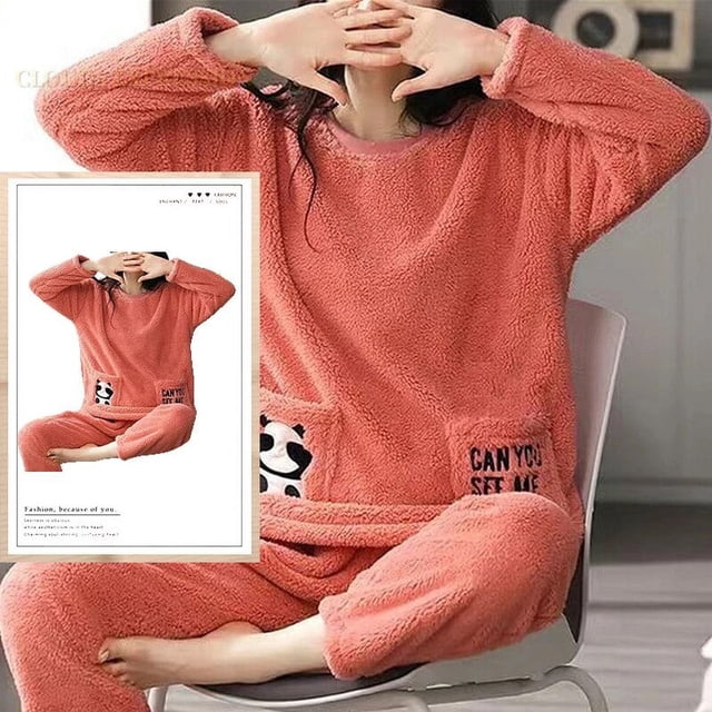 Conjuntos de Pijamas de franela para Mujer, ropa de dormir clásica con estampado a cuadros de peluche, ropa de casa de terciopelo Kawaii Girsl, Otoño e Invierno