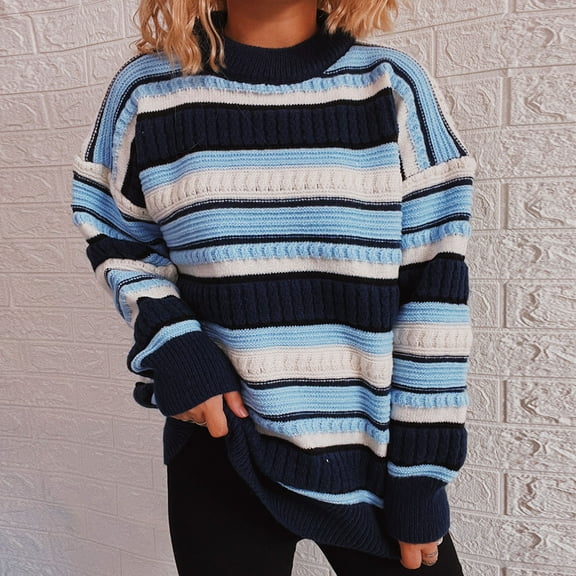 Herrnalise Womens fashion Stripe Color Block Casual Long Sleeve Knitting Round Neck Sweater Blouse Tops Christmas Gifts For Women