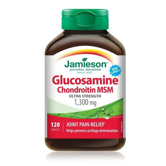Jamieson Ultra Strength Glucosamine Chondroitin MSM 1300 mg, Provides Joint Pain Relief, Osteoarthritis Support, and Cartilage Deterioration Protection. Non-GMO, Gluten-Free, 120 Caplets, Proudly Cana
