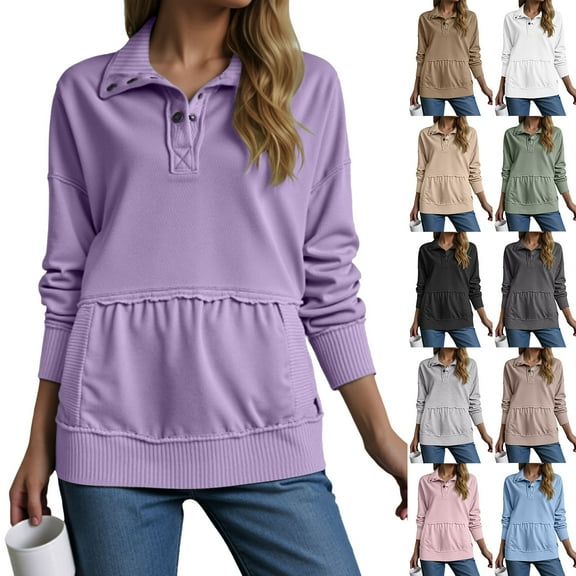 idosla Womens Sweatshirt Casual Long Sleeve Lightweight Sweatshirts Button Loose Pullover Tops (Khaki, XXL)