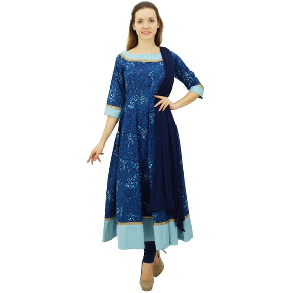 Atasi Fashion Women's Blue Party Wear Indian Cotton Flared Anarkali Suit Set-24