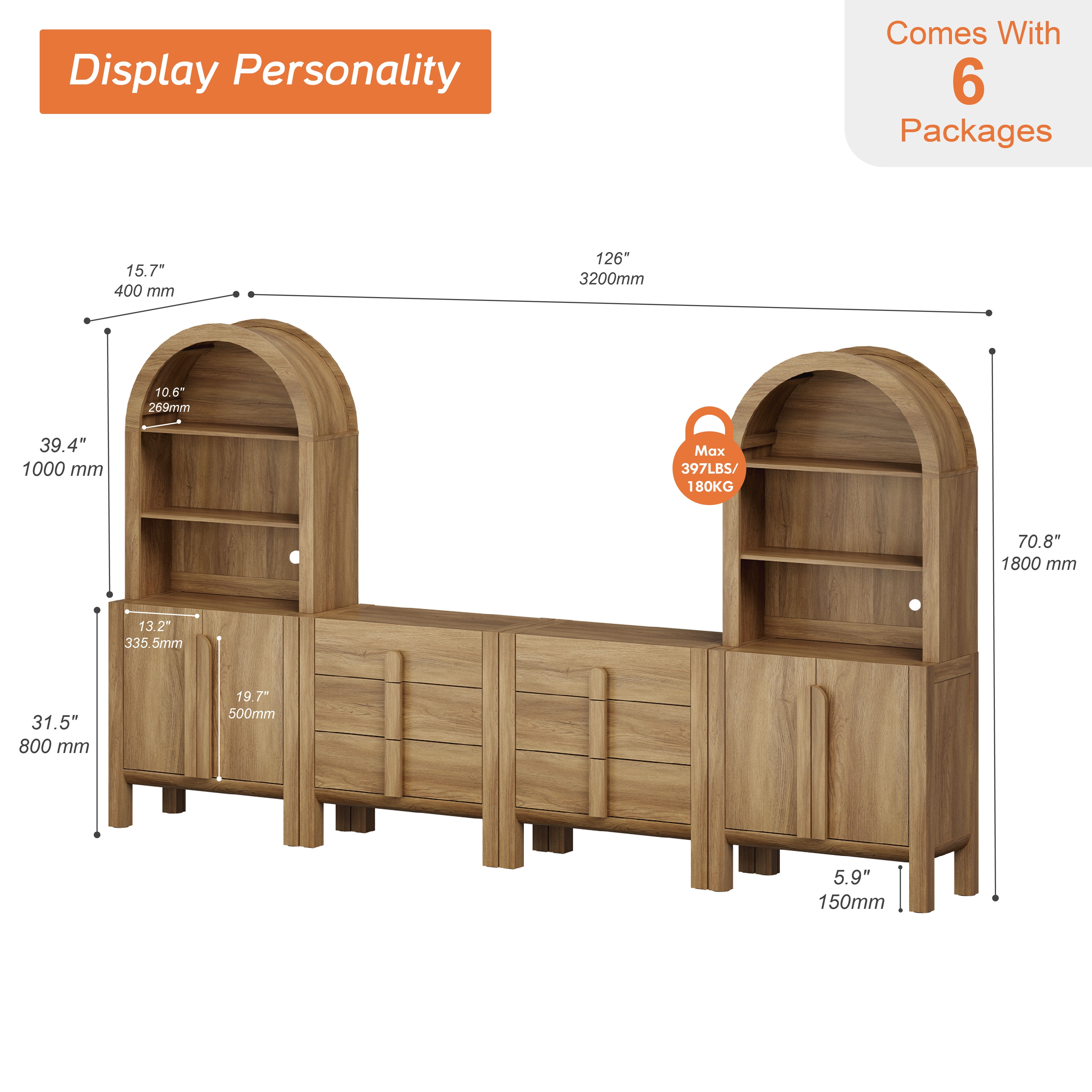 126"W Large Kitchen Hutch Sideboard Buffet Cabinet, Arched Pantry Storage Cabinet with 4 Wood Doors, 6 Drawers And 10 Tier Shelves