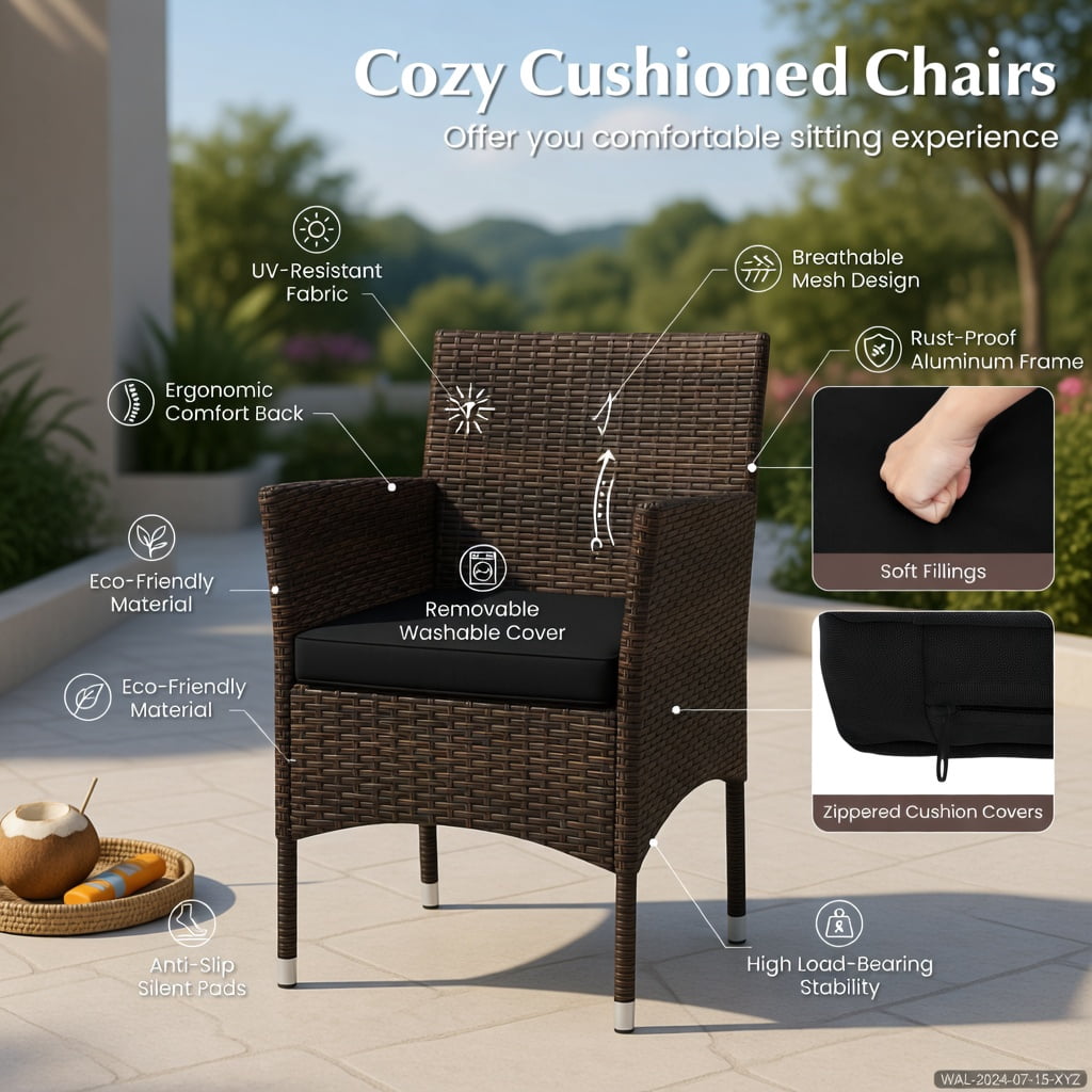 Hommoo 3-Piece Outdoor Wicker Conversation Set, Metal Frame, Tempered Glass Coffee Table & Ergonomic Rattan Chairs for Patio, Backyard, Poolside, Black