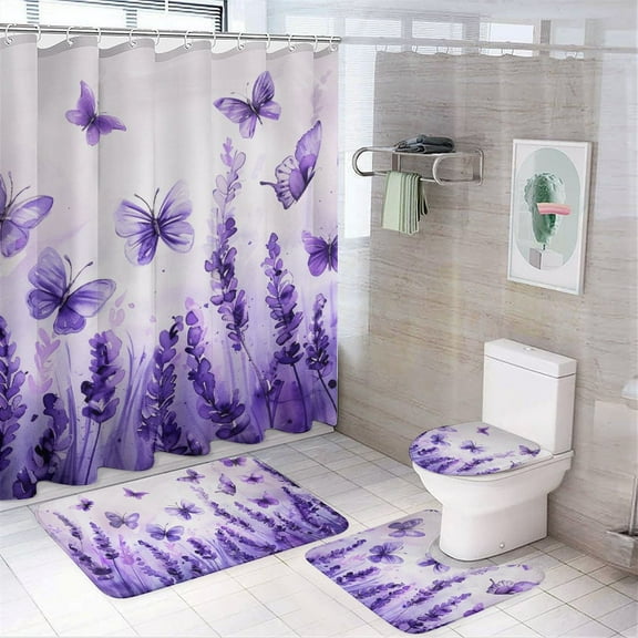 Lavender Butterfly Flying 4 Pcs Bathroom Shower Curtain Set, Bathroom Sets with Rugs (Bath Mat, U Shape and Toilet Lid Cover Mat) and 12 Hooks,
