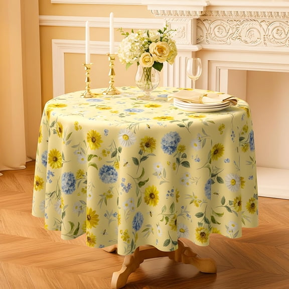 Spring Floral Tablecloth Waterproof Yellow Table Cover with Sunflowers, Hydrangeas & Daisies – Waterproof Fabric Table Cloth for Dining Room, Kitchen, Party & Outdoor Decor, Round 60"