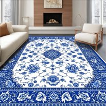 Flatwoven High Traffic Area Rug, Elegant Blue Porcelain Floral Motif, Non Slip, Stain Resistant, Washable Area Rugs for Living Room, Bedroom(Blue, 4X6)