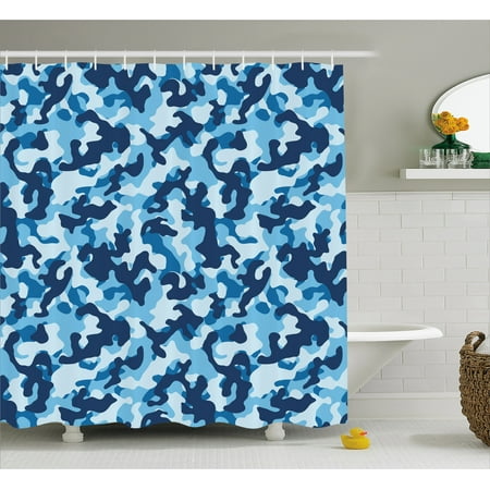 Camouflage Shower Curtain, Military Infantry Marine Troops Costume Pattern Vibrant Color Palette Surreal, Fabric Bathroom Set with Hooks, 69W X 70L Inches, Blue Coconut, by Ambesonne