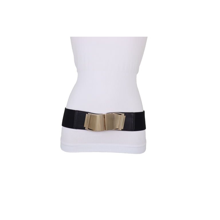 Women Black Faux Leather Stretch Belt Gold Wave Buckle S M 