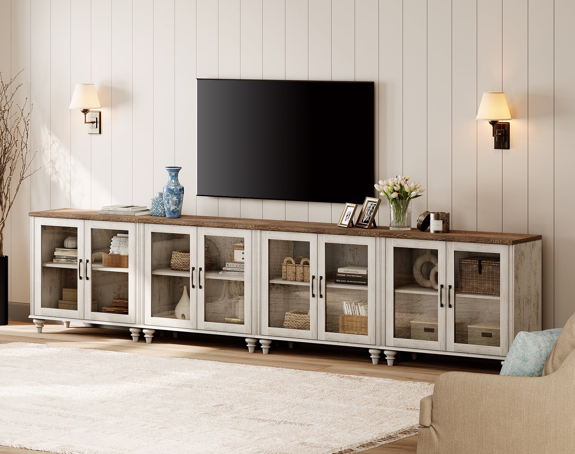 4-in-1 TV Stand, Wood Console Table Storage Cabinet for Living Room, Kitchen Sideboard Buffet Cabinet With Glass Door for Dining Room, Rustic White