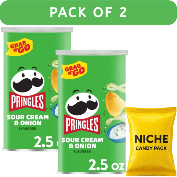 Pringles Grab & Go Large Sour Cream & Onion Potato Crisps Chips –0.15lb (2 Pack) – Convenient Snack Cups   Complimentary Candy Pack