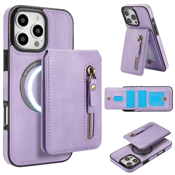 Compatible with Magsafe 2 in 1 Detachable for iPhone 14 Pro Wallet Case with Card Holder Women Men,Magnetic PU Leather RFID Blocking Back Flip Stand Zipper Slot Shockproof Cover, Purple