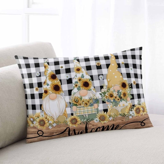 Gnomes Sunflowers Throw Pillow Covers, Pastoral Botanical Black White Plaid Wooden Soft Breathable Pillow Cases with Invisible Zipper, Small Pillowcases for Couch Bed Sofa Chair 16x24 Inches