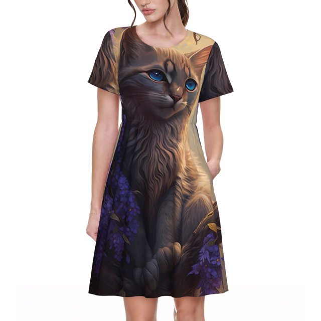 Balery Purple Flower Lazy Cat Vestidos sueltos de manga corta para mujer, vestidos de verano 2025, vestidos casuales de corte A con vuelo.