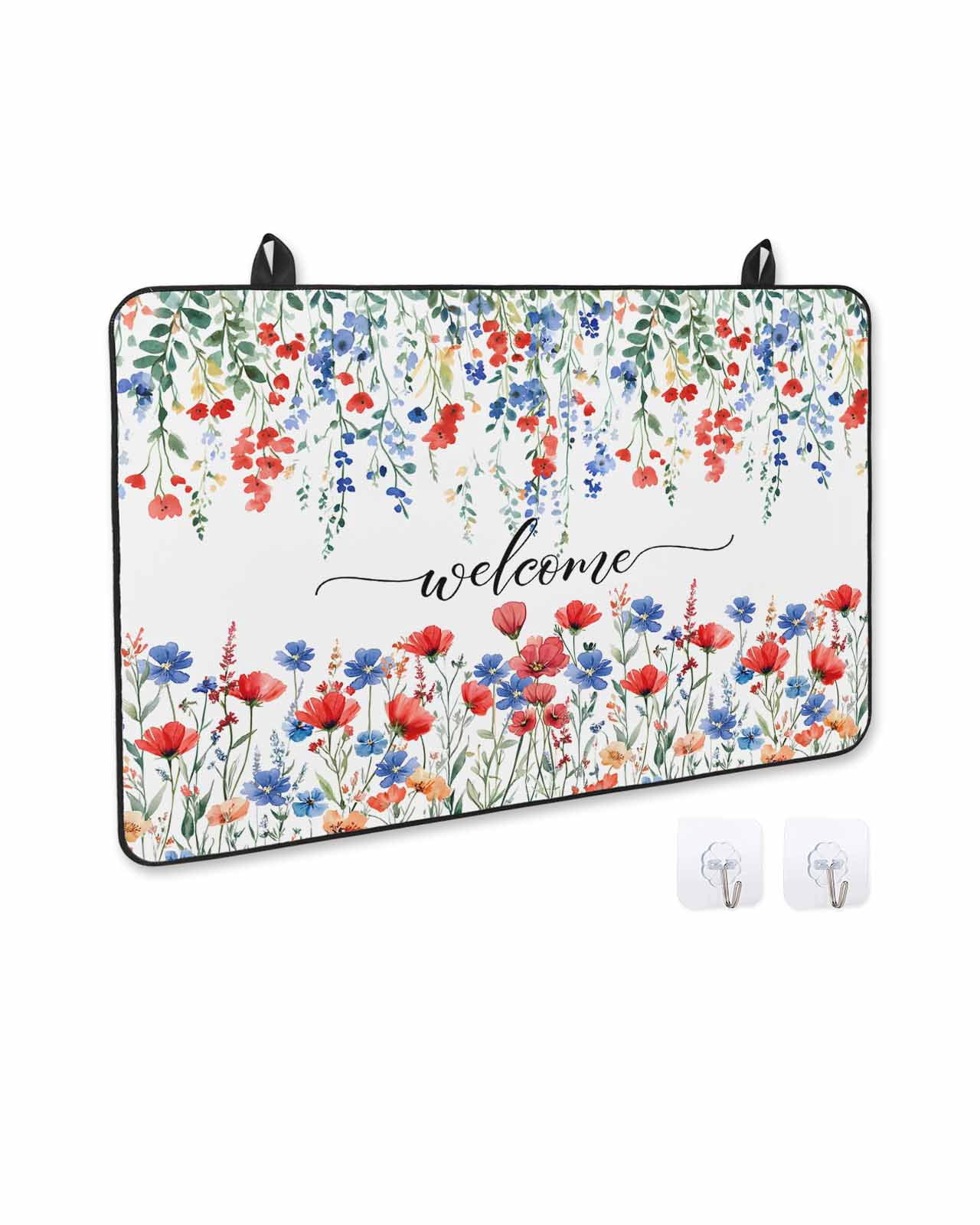 nqOlkjepod Large Induction Cooktop Protector Mat 24"x21", Pastoral Botanical Stove Top Covers for Electric Stove, Blue Red Floral Spring Welcome Stove Burner Cover Mats, Glass Top Stove Cover