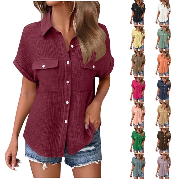 Betivan Womens Cotton Shirts Button Down Dress Shirts Casual Short Sleeve Textured Collared Summer Work Blouse Camping Clothes with Pocket