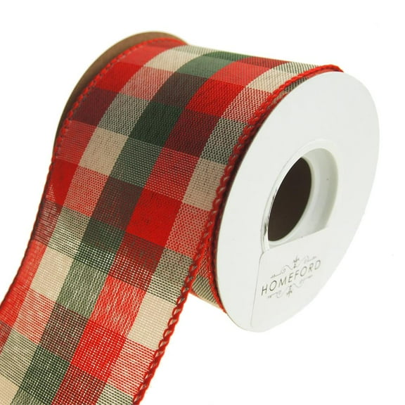 Checkered Holiday Plaid Wired Ribbon, Red/Green/Natural, 2-1/2-Inch, 10 Yards