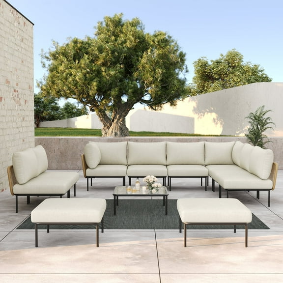 LayinSun 11 Pieces Aluminum Patio Furniture Set, Modern Modular Sectional Sofa with Coffee Table and Upgrade Thickness Cushion