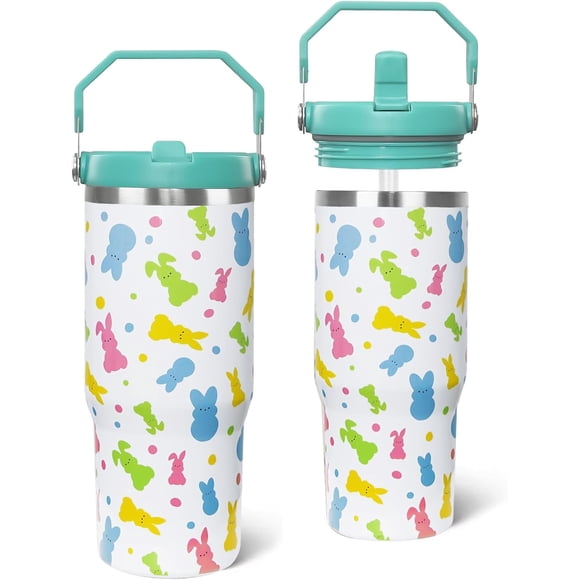 Gobelet de Pâques avec Poignée et Paille Gobelet Isolé en Acier Inoxydable Lapin de Pâques Tasse de Voyage Café Cadeaux de Pâques Décor-30 OZ(1PCS)