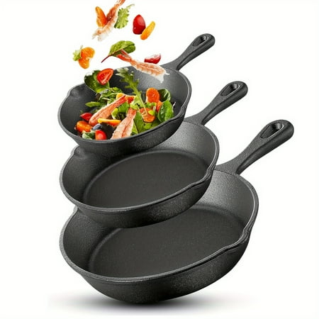 Set of 3 Cast Iron Skillets - Durable, High-Quality Cookware for Professional Chefs, Pre-Seasoned - Includes 10", 8", And 6" Pans - Ideal for Frying, Sautéing, Cooking, Pizza, And More, in Black
