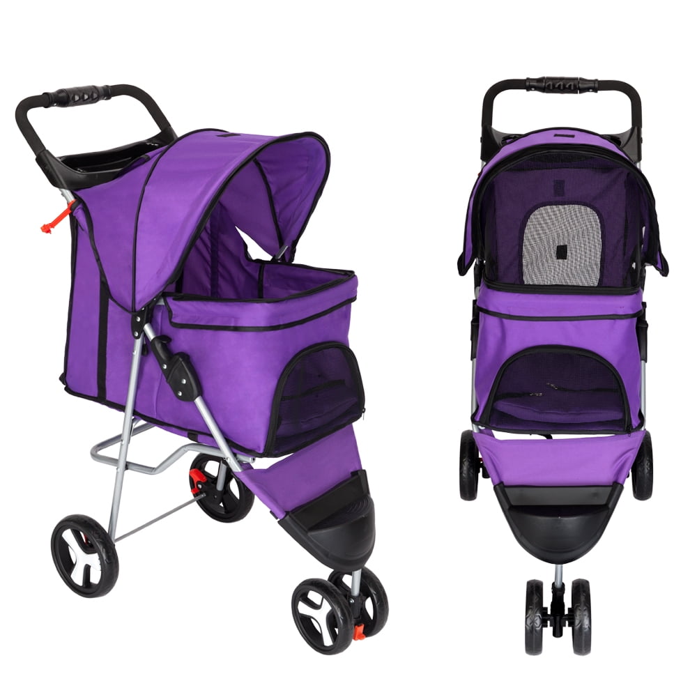 Pet Stroller Cat Dog 3 Wheel Walk Jogger Travel Folding Carrier Purple