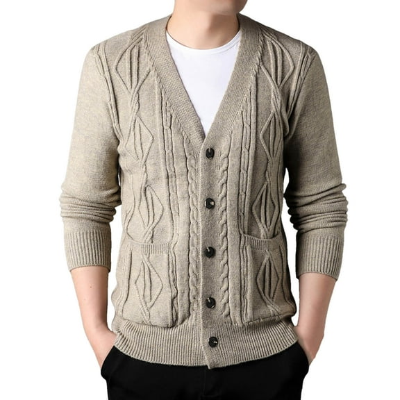 JTieacloth Men's Cardigan Sweaters Men Thick Knit Cardigan Shape Loose Casual V Neck Sweater Coat(Beige)