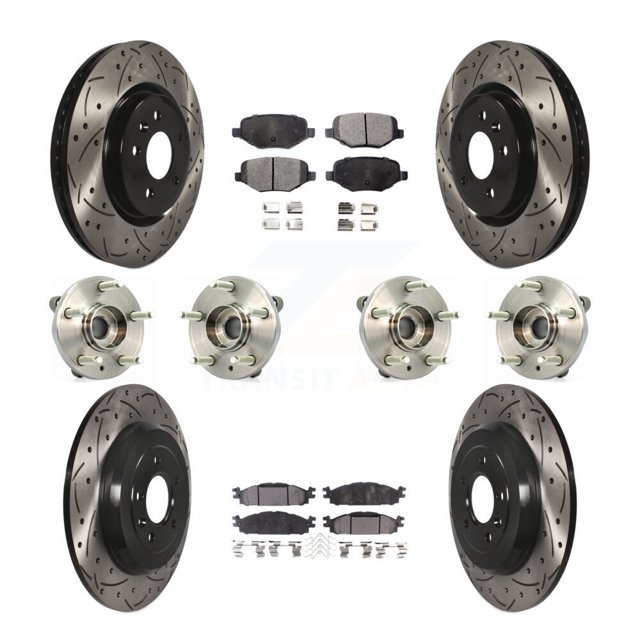 Transit Auto Front Rear Hub Bearings Assembly Coated Disc Brake Rotors and Ceramic Pads Kit (10Pc) for Car Ford Flex Taurus Lincoln MKT MKS - Left Right Side (Driver Passenger) KBB-111343