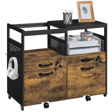 Topeakmart Industrial Wooden Rolling File Cabinet with Printer Stand 4 Drawers, Rustic Brown