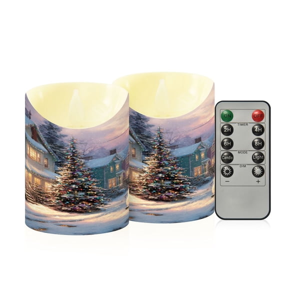 2 PCS Tilted Flameless Candles Flickering LED Lights Battery Operated Candles with Remote Timers for Holiday Decor Magical Snow-covered Village