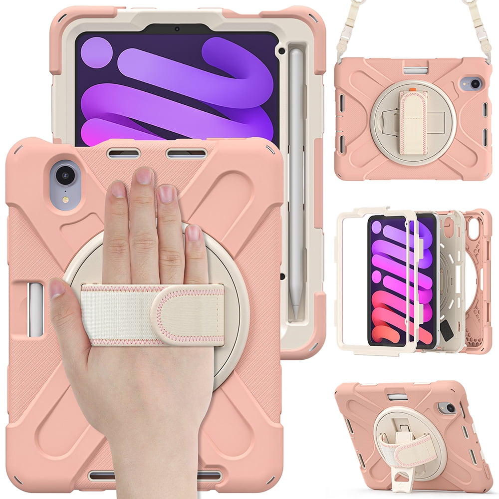 For Apple iPad Mini 6 (2021) Heavy Duty Rugged Hybrid with Kickstand, Shoulder Hand Strap, Pencil Holder Shockproof Full Protective Cover ,Xpm Phone Case [Pink]