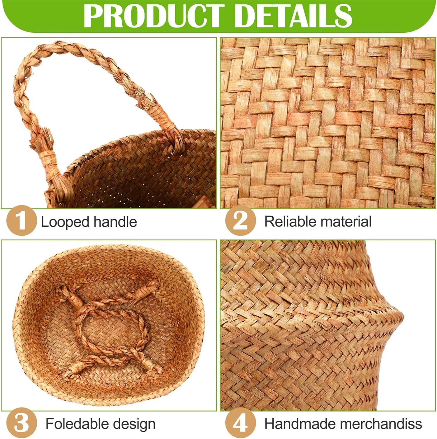 Happon 2 Pack Seagrass Belly Basket,Hand Woven Picnic Basket with Handles,Plant basket for Storage, Laundry, Picnic, Plant Pot Cover, & Toy Storage
