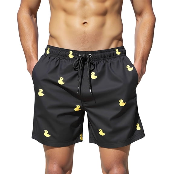 Bpyeka Men's Duck Print Swim Trunks, Elastic Waist Drawstring Board Shorts with Side Pockets, Quick-Dry Casual Swimwear for Summer Beach & Pool, S-2XL