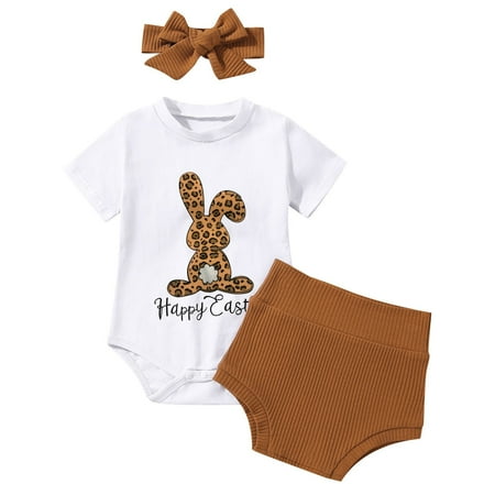 

VBARHMQRT Big Sister Little Sister Matching Outfits Fall Easter Baby Girls Short Sleeve Leopard Bunny Print Romper Tops Shorts Solid Pants with Headbands 3Pcs Outfits Set Cute Summer Outfits