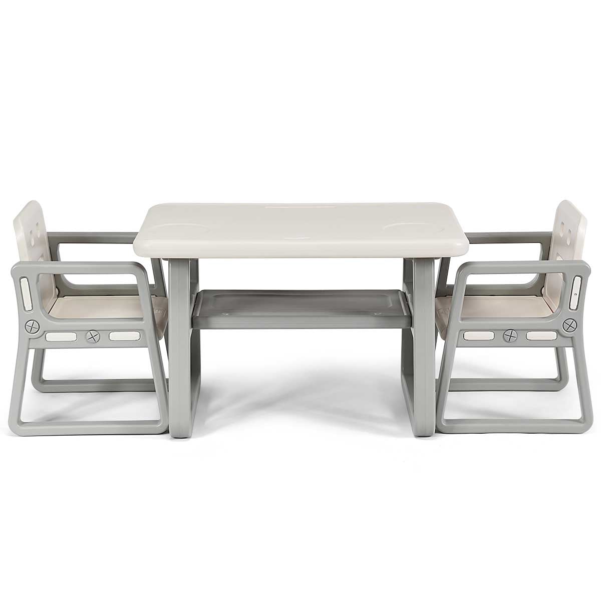 Topbuy Kids 2-in-1 Table and 2 Chairs Set Activity Table With Storage Shelf White Baby