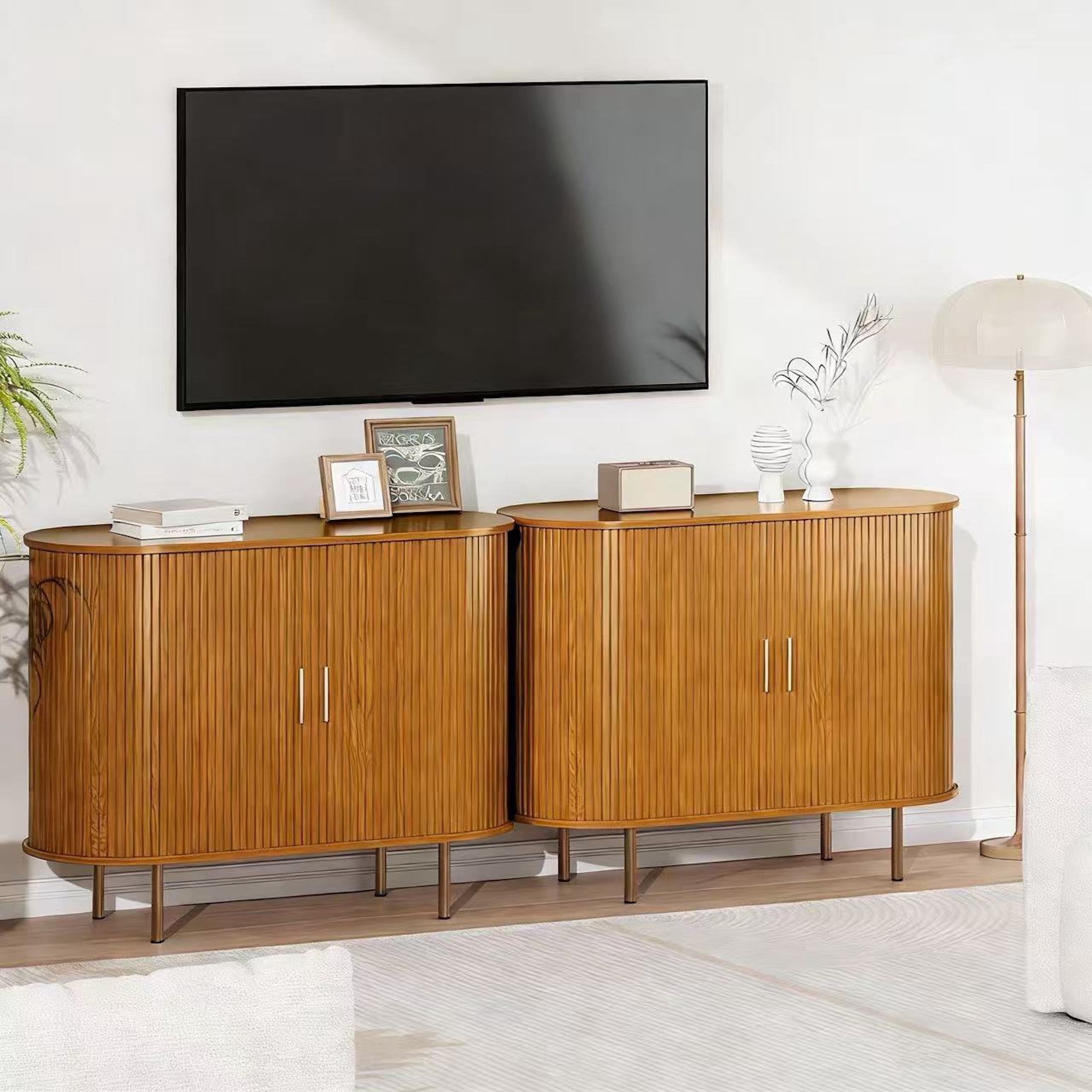 Aisword Sideboard Buffet Cabinet with Storage,Mid Century Modern Fluted Accent Coffee Bar Console Table,Tambour Sliding Doors& Adjustable Shelf for Kitchen, Living Room, Entryway, 40 Inch Yellow