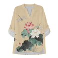 thumbnail image 3 of FKELYI Womens Faux Linen Shirt for Summer Top Shirts Roll Up Sleeve Design Oriental Lotus Flower Dragonfly Print Casual Blouse for Ladies Beach Vacation Outfits, S, 3 of 5