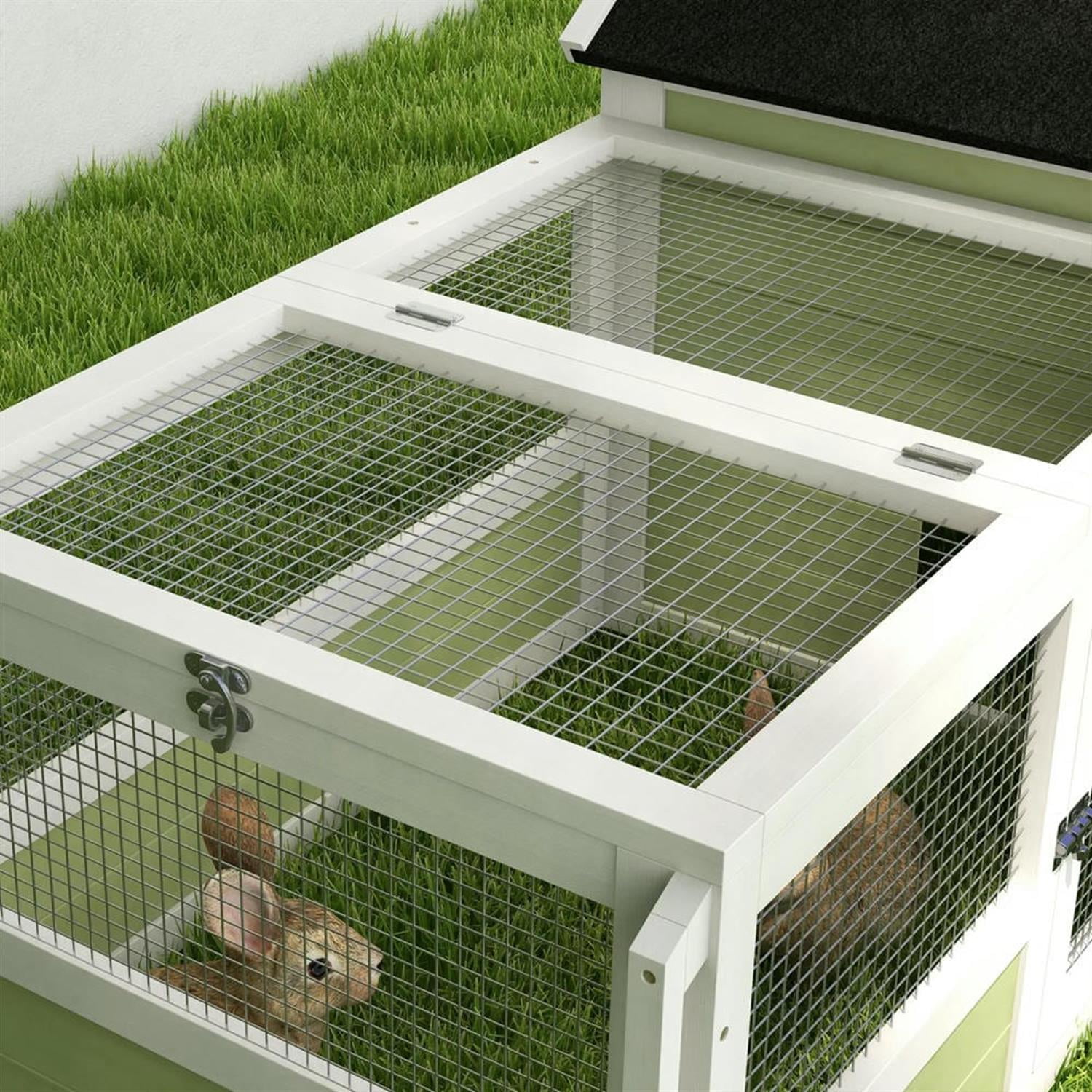 Kadyn 64" Wooden Rabbit Hutch with Wheels and Asphalt Roof, Outdoor Small Animal Habitat Chicken Coop Bunny Cage for Bunnies, Guinea Pigs, Green